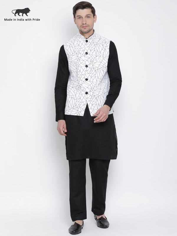 Jashvi Men's Black Cotton Blend Kurta, Ethnic Jacket and Pyjama Set