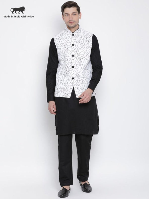 Men's Black Cotton Blend Kurta, Ethnic Jacket and Pyjama Set - Vastramay