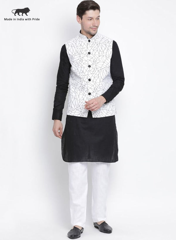 Jashvi Men's Black Cotton Blend Kurta, Ethnic Jacket and Pyjama Set