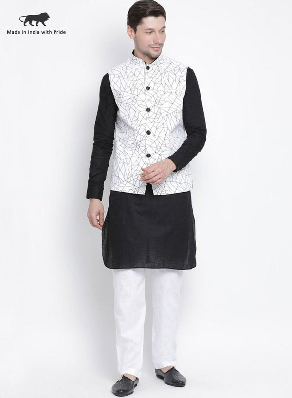 Men's Black Cotton Blend Kurta, Ethnic Jacket and Pyjama Set - Vastramay