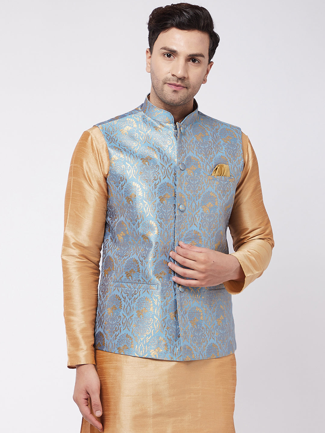 Men's Grey Silk Blend Nehru Jacket - Vastramay