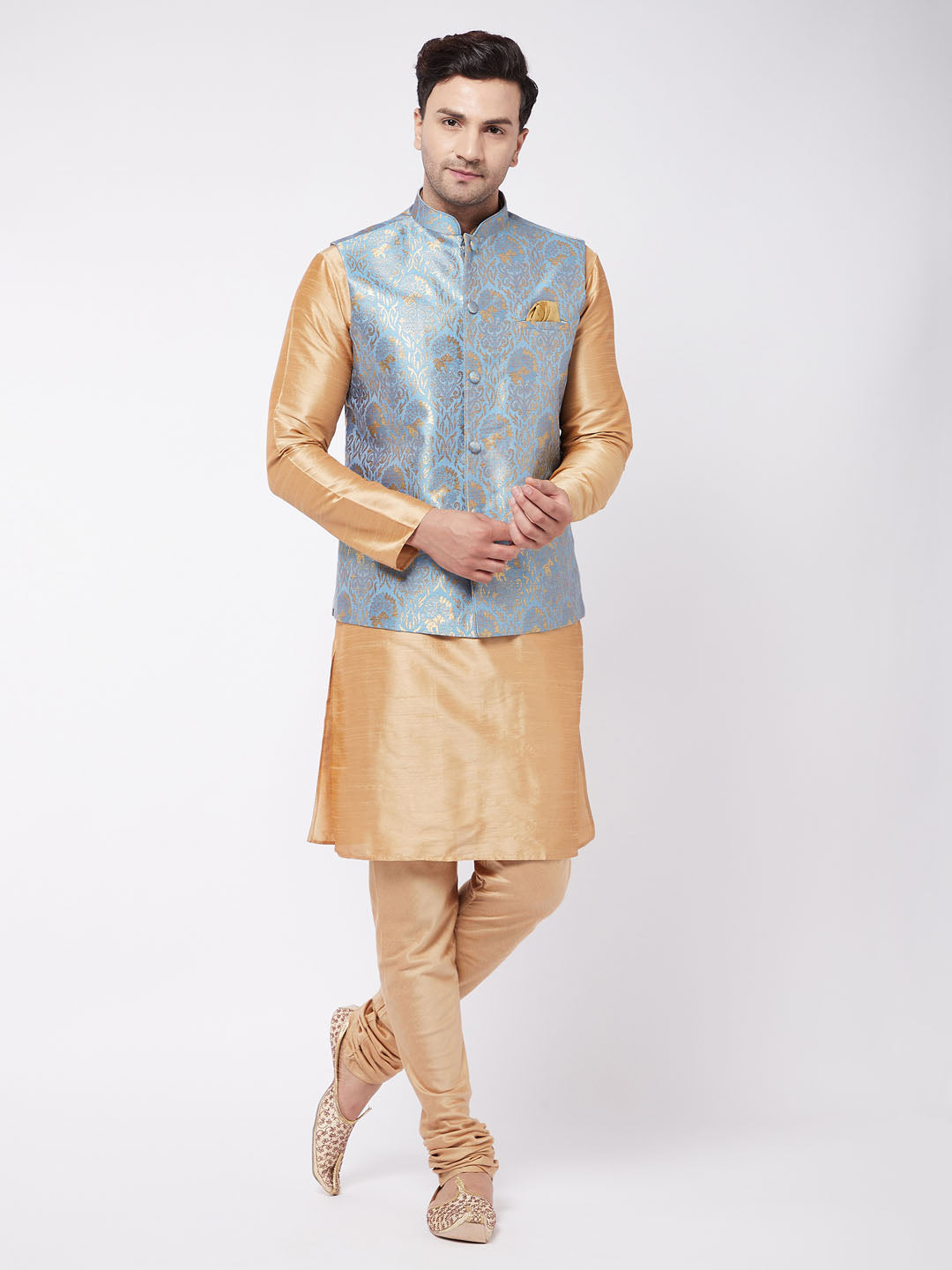 Men's Grey And Rose Gold Silk Blend Jacket, Kurta And Pyjama Set - Vastramay