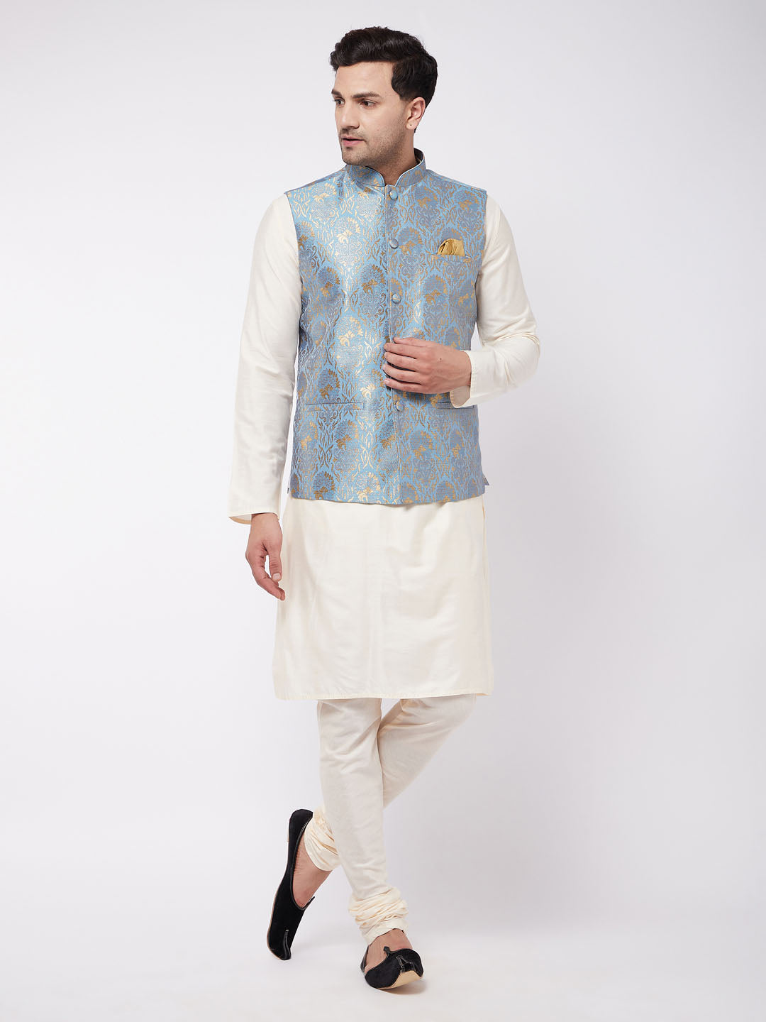 Men's Cream And Grey Viscose Jacket, Kurta And Pyjama Set - Vastramay