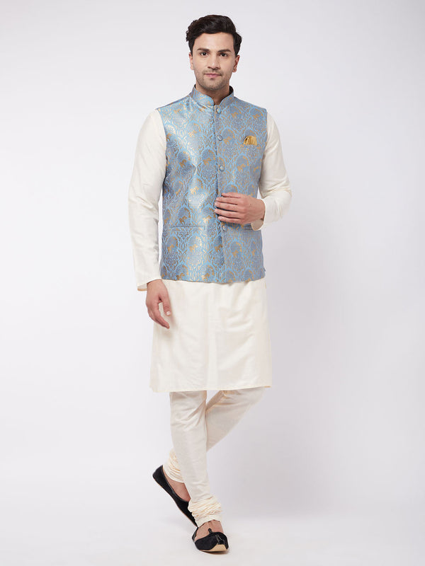 Jashvi Men's Viscose Cream Kurta And Pyjama With Grey Woven Nehru Jacket