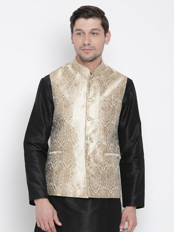 Men's Gold Silk Blend Ethnic Jacket - Vastramay