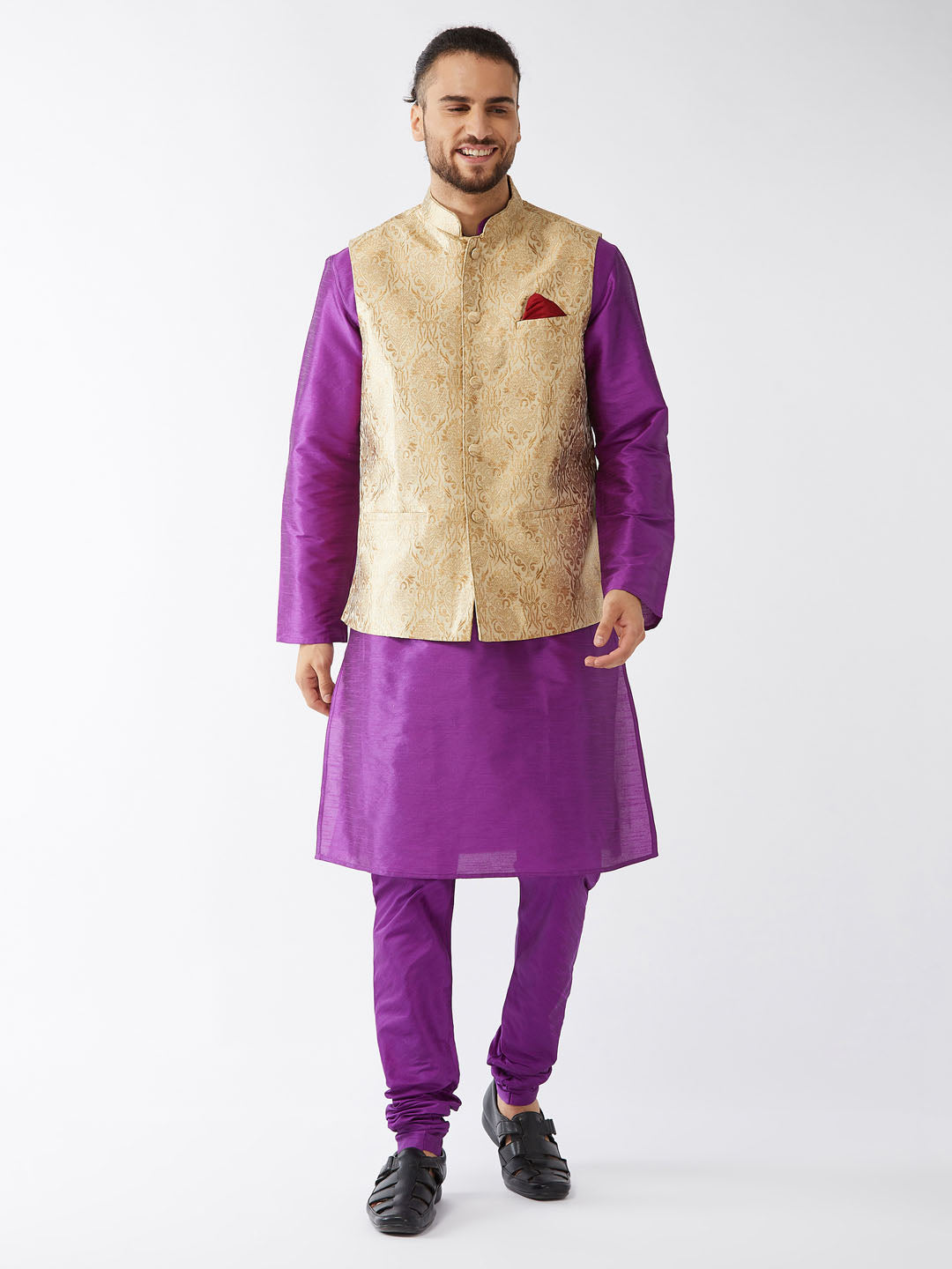 Men's Rose Gold And Purple Silk Blend Jacket, Kurta And Pyjama Set - Vastramay