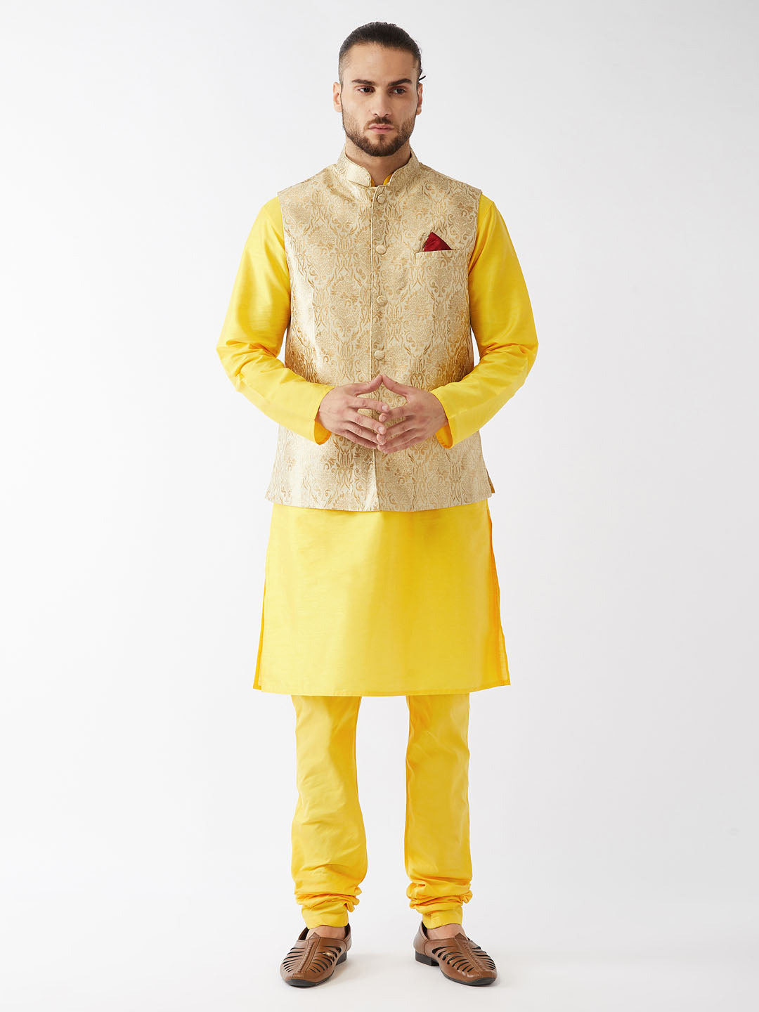 Men's Rose Gold And Yellow Silk Blend Jacket, Kurta And Pyjama Set - Vastramay