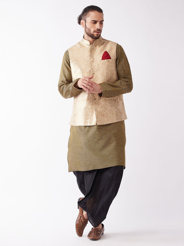 Jashvi Men's Rose Gold Jacquard Jacket With Kurta Dhoti Set