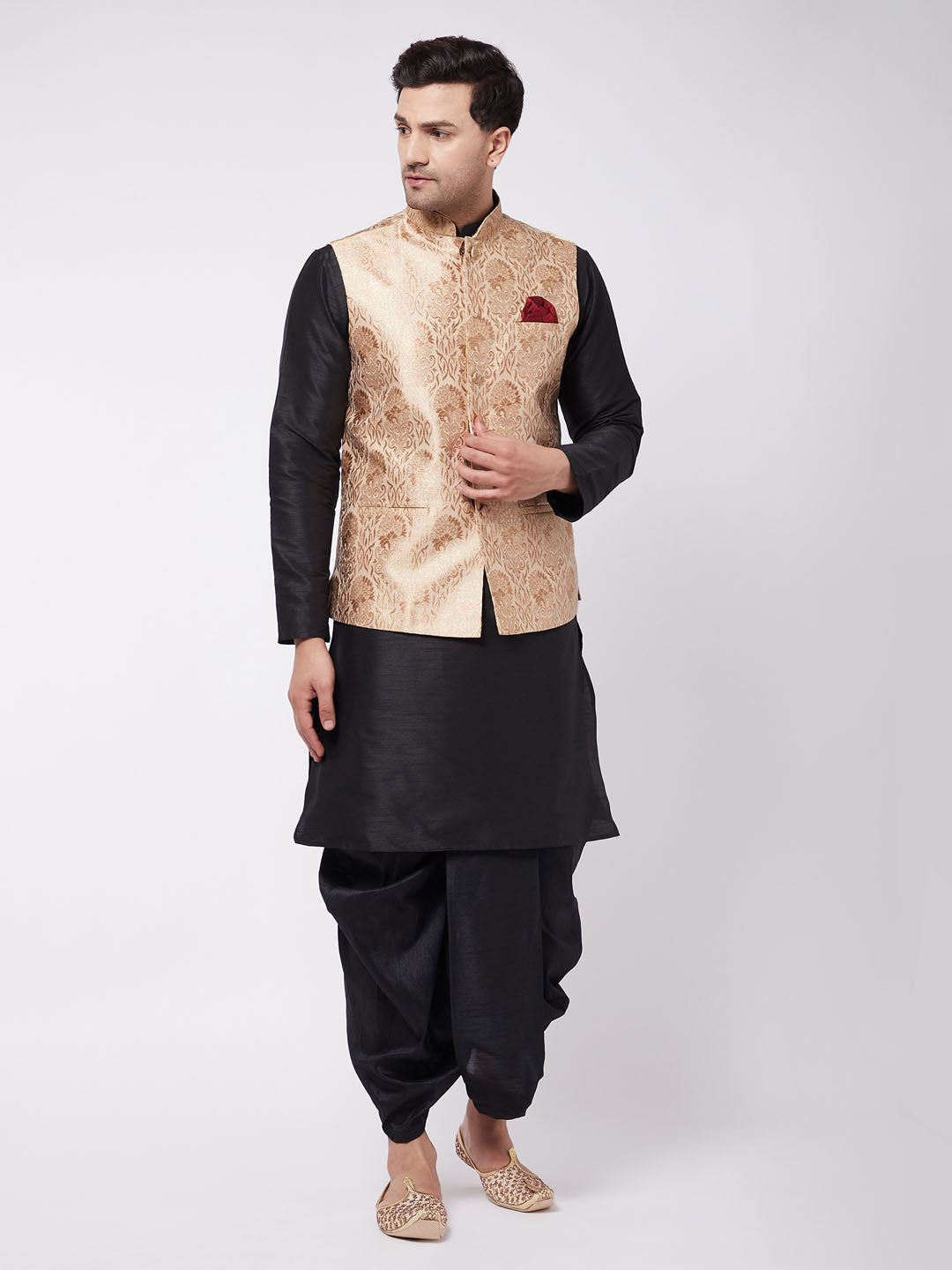 Men's Gold And Black Silk Blend Jacket, Kurta And Dhoti Set - Vastramay