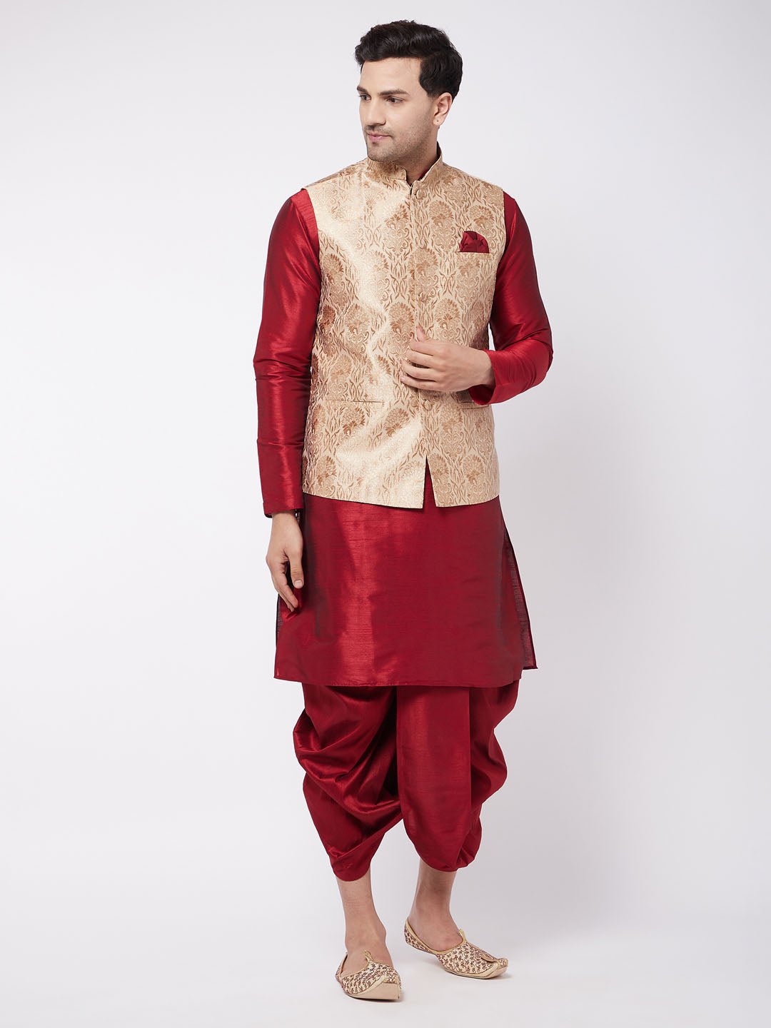 Men's Gold And Maroon Silk Blend Jacket, Kurta And Dhoti Set - Vastramay