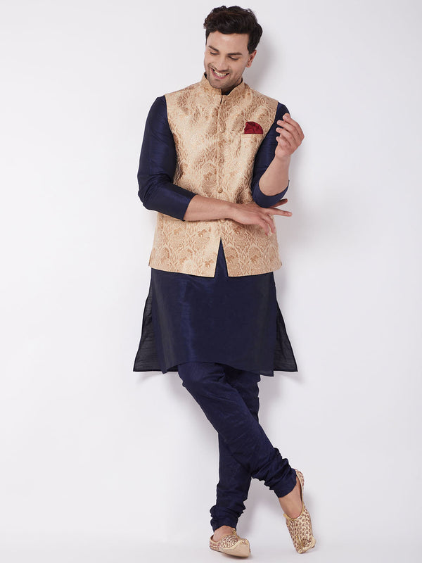 Jashvi Men's Rose Gold Jacquard Jacket With Kurta Pyjama Set