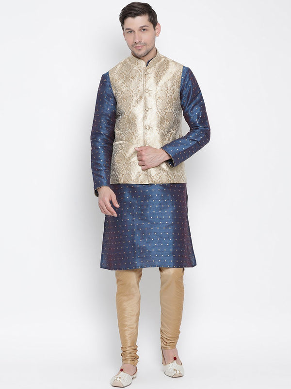 Men's Blue Cotton Silk Blend Kurta, Ethnic Jacket and Pyjama Set - Vastramay