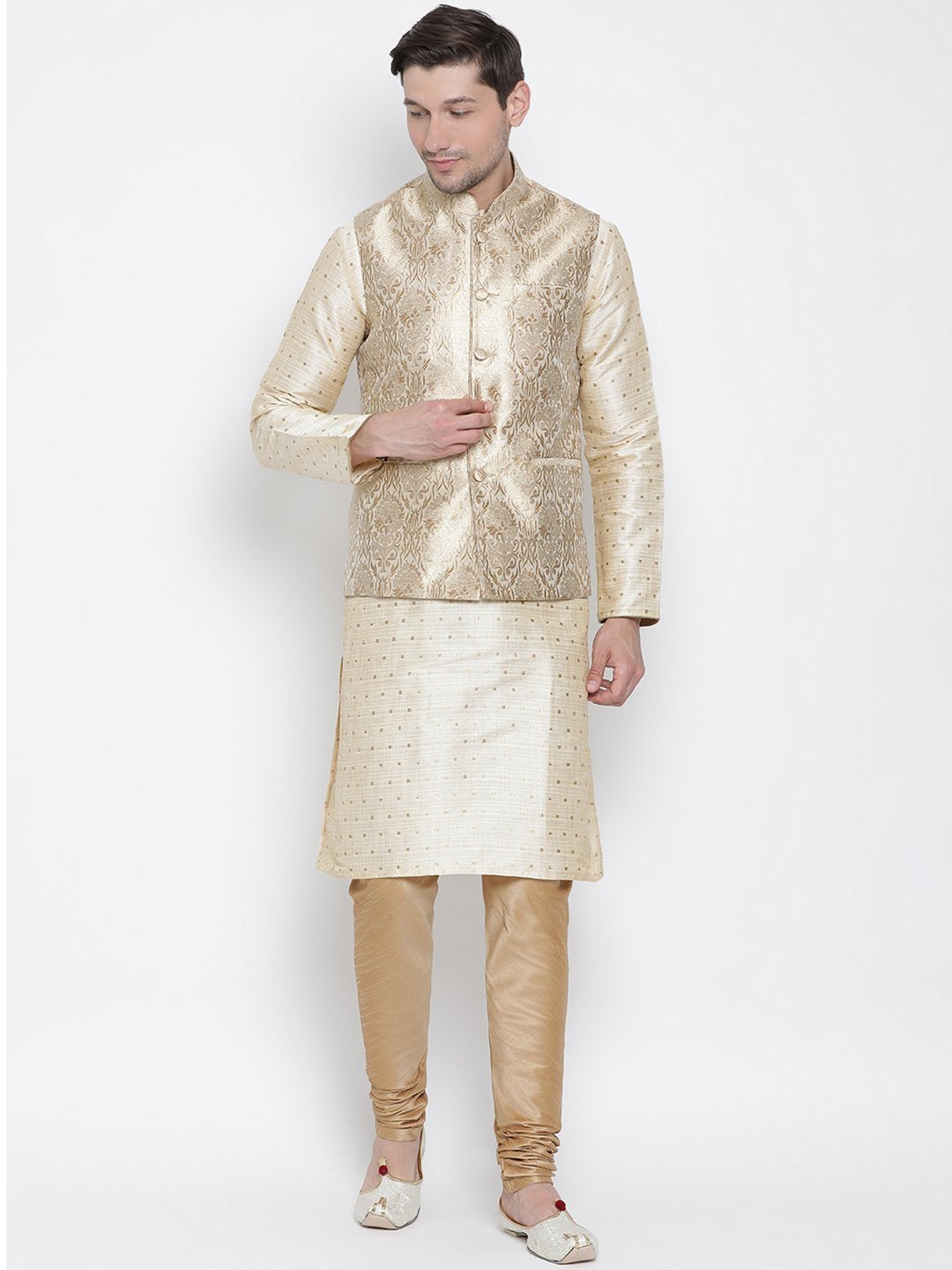 Men's Gold Cotton Silk Blend Kurta, Ethnic Jacket and Pyjama Set