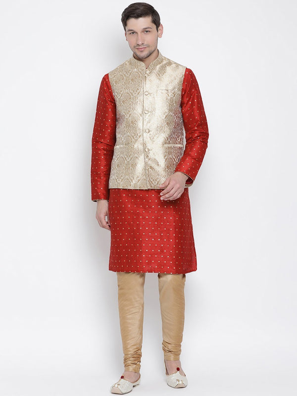 Men's Maroon Cotton Silk Blend Kurta, Ethnic Jacket and Pyjama Set - Vastramay