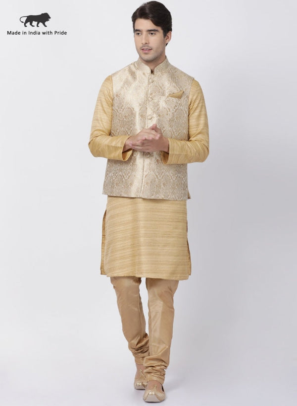 Jashvi Men's Beige Cotton Silk Blend Kurta, Ethnic Jacket and Pyjama Set