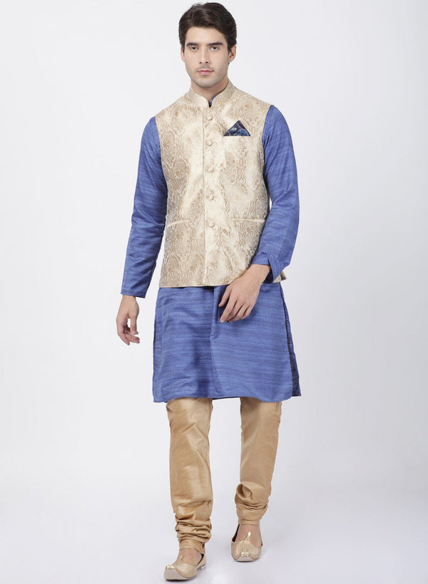 Men's Blue Cotton Silk Blend Kurta, Ethnic Jacket and Pyjama Set - Vastramay