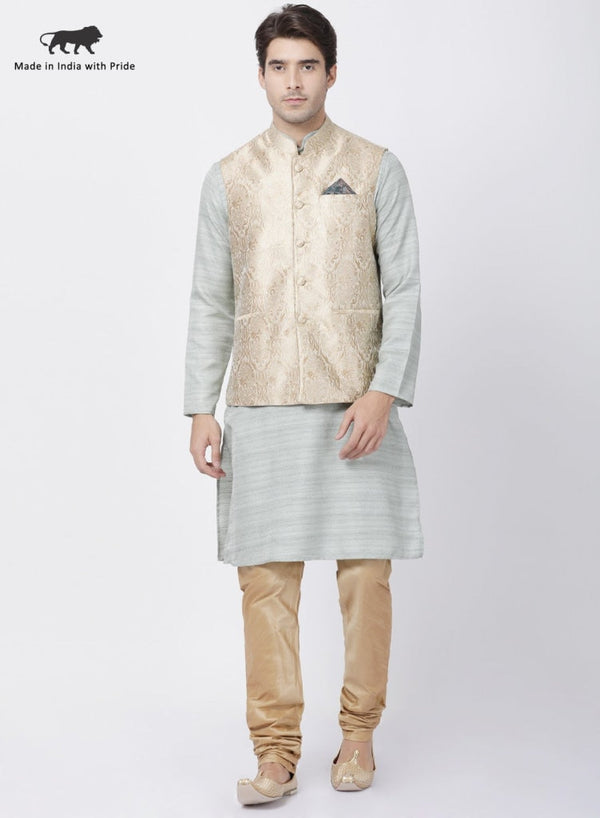 Jashvi Men's Light Grey Cotton Silk Blend Kurta, Ethnic Jacket and Pyjama Set