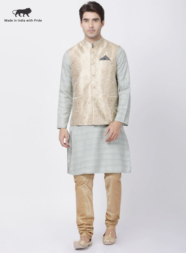 Men's Light Green Cotton Silk Blend Kurta, Ethnic Jacket and Pyjama Set - Vastramay