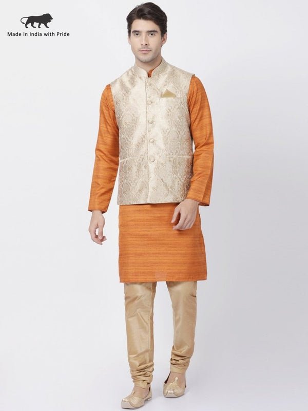 Men's Brown Cotton Silk Blend Kurta, Ethnic Jacket and Pyjama Set - Vastramay