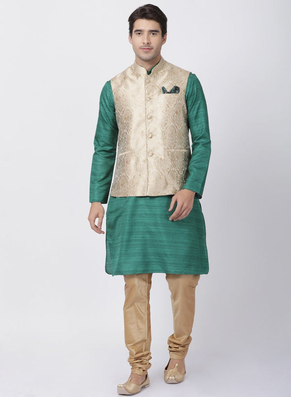 Men's Green Cotton Silk Blend Kurta, Ethnic Jacket and Pyjama Set - Vastramay