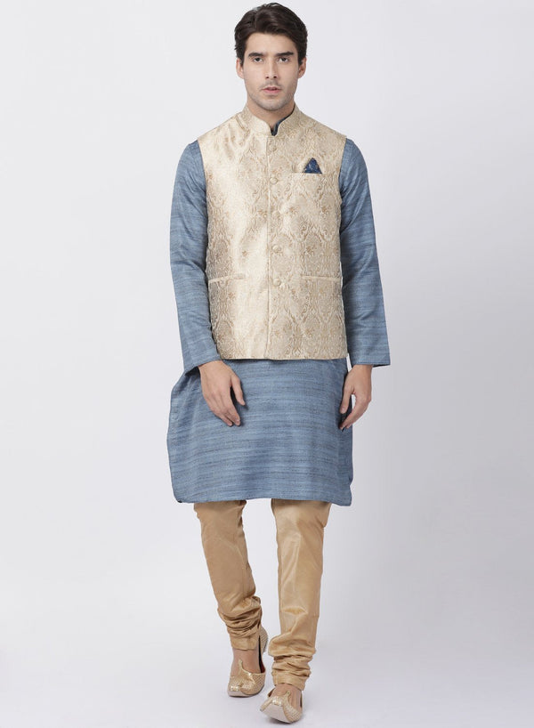 Men's Grey Cotton Silk Blend Kurta, Ethnic Jacket and Pyjama Set - Vastramay