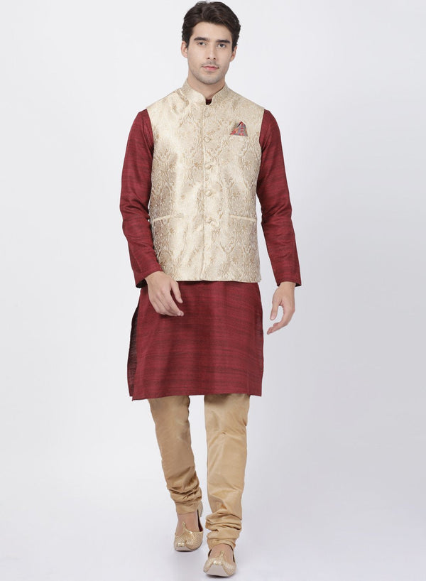 Men's Maroon Cotton Silk Blend Kurta, Ethnic Jacket and Pyjama Set - Vastramay