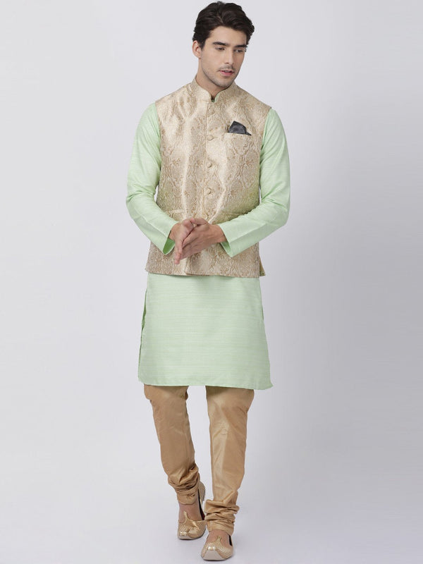 Men's Light Green Cotton Silk Blend Kurta, Ethnic Jacket and Pyjama Set - Vastramay