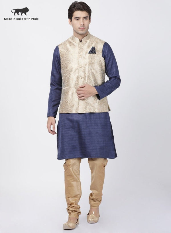 Men's Dark Blue Cotton Silk Blend Kurta, Ethnic Jacket and Pyjama Set - Vastramay