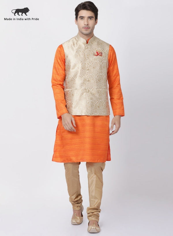 Jashvi Men's Orange Cotton Silk Blend Kurta, Ethnic Jacket and Pyjama Set