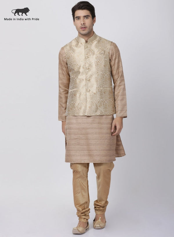 Jashvi Men's Gold Cotton Silk Blend Kurta, Ethnic Jacket and Pyjama Set