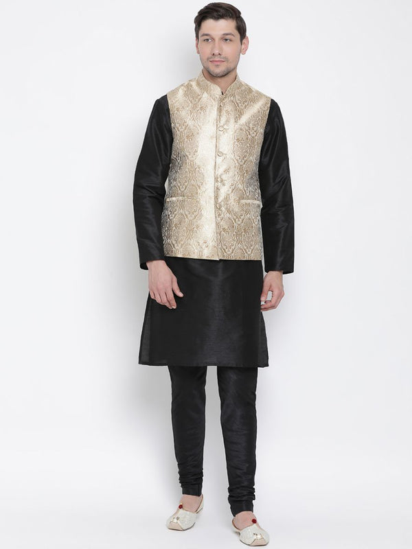 Men's Black Cotton Silk Blend Kurta, Ethnic Jacket and Pyjama Set - Vastramay