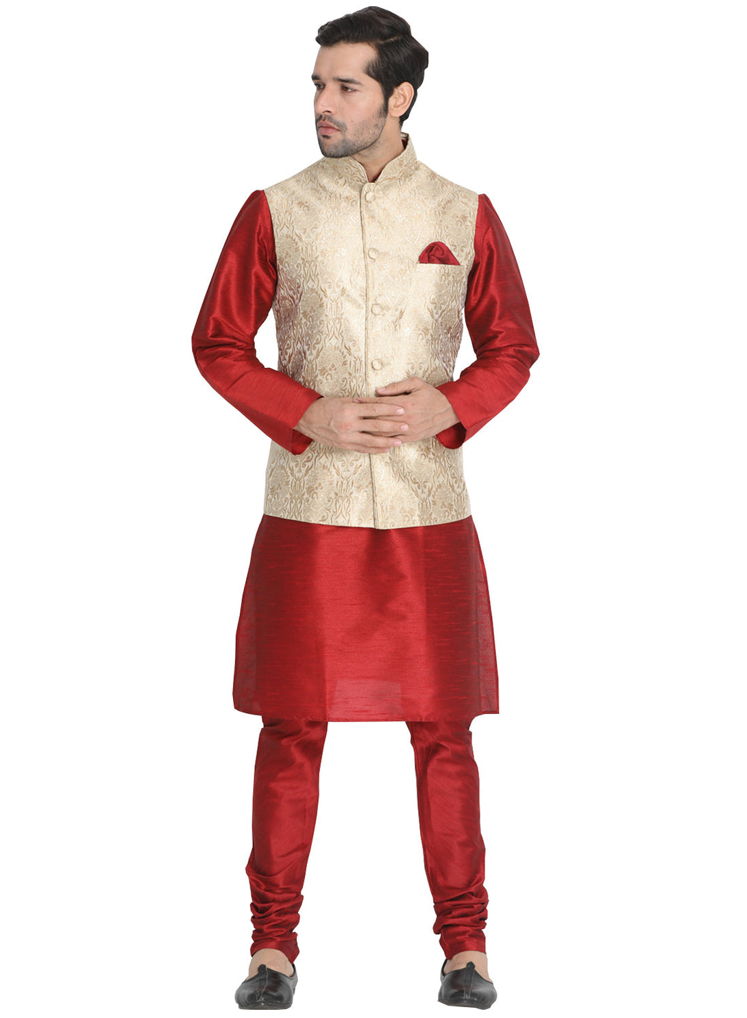 Men's Maroon Cotton Silk Blend Kurta, Ethnic Jacket and Pyjama Set