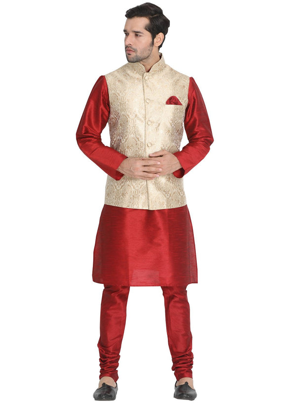 Men's Maroon Cotton Silk Blend Kurta, Ethnic Jacket and Pyjama Set - Vastramay