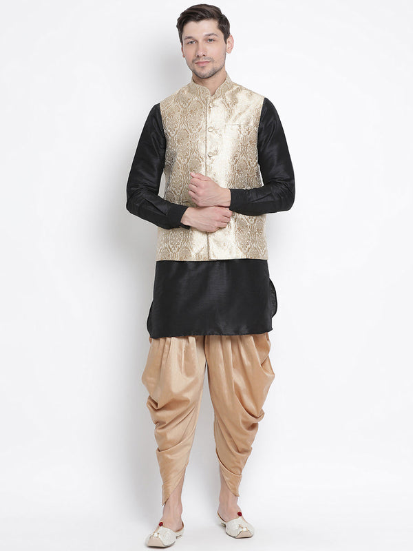 Men's Black Cotton Silk Blend Ethnic Jacket, Kurta and Dhoti Pant Set