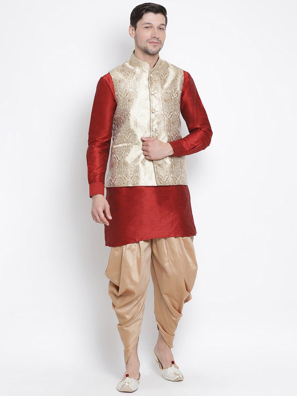 Men's Maroon Cotton Silk Blend Ethnic Jacket, Kurta and Dhoti Pant Set - Vastramay