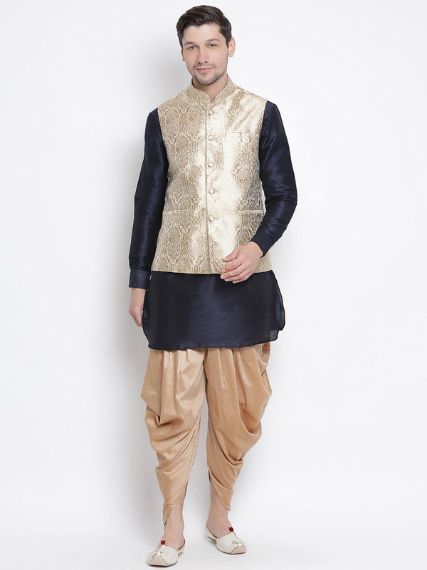 Men's Dark Blue Cotton Silk Blend Ethnic Jacket, Kurta and Dhoti Pant Set - Vastramay