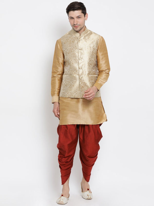 Jashvi Men's Gold Cotton Silk Blend Ethnic Jacket, Kurta and Dhoti Pant Set