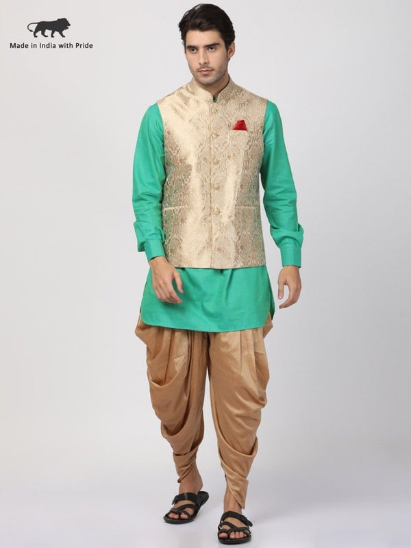 Men's Green Cotton Silk Blend Ethnic Jacket, Kurta and Dhoti Pant Set - Vastramay