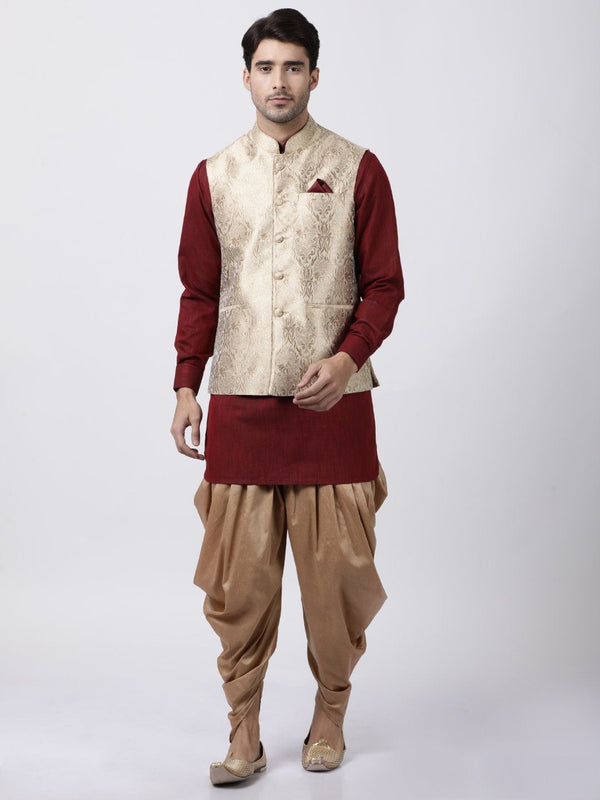 Men's Maroon Cotton Silk Blend Ethnic Jacket, Kurta and Dhoti Pant Set - Vastramay