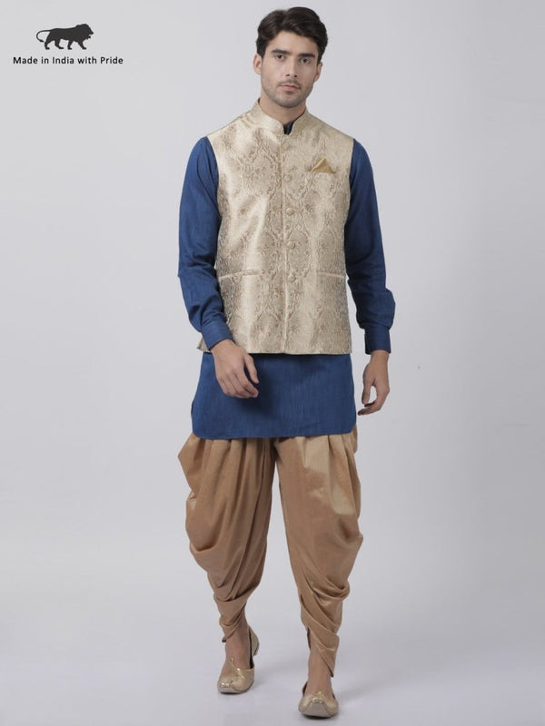 Men's Dark Blue Cotton Silk Blend Ethnic Jacket, Kurta and Dhoti Pant Set - Vastramay