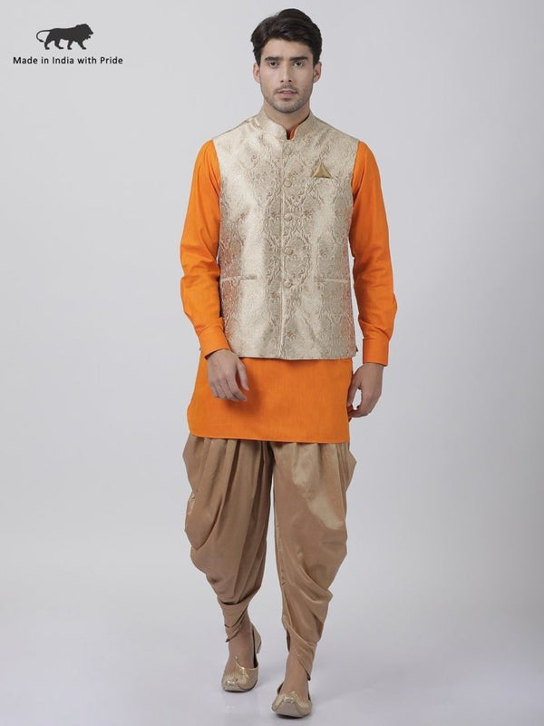 Men's Orange Cotton Silk Blend Ethnic Jacket, Kurta and Dhoti Pant Set - Vastramay