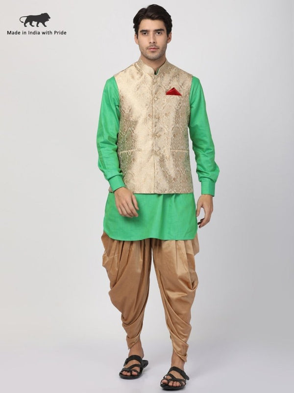 Men's Green Cotton Silk Blend Ethnic Jacket, Kurta and Dhoti Pant Set - Vastramay