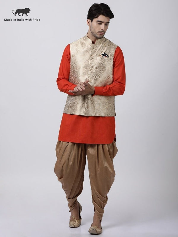 Men's Red Cotton Silk Blend Ethnic Jacket, Kurta and Dhoti Pant Set - Vastramay