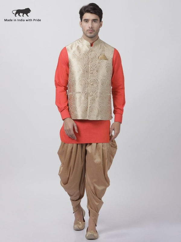 Men's Orange Cotton Silk Blend Ethnic Jacket, Kurta and Dhoti Pant Set - Vastramay