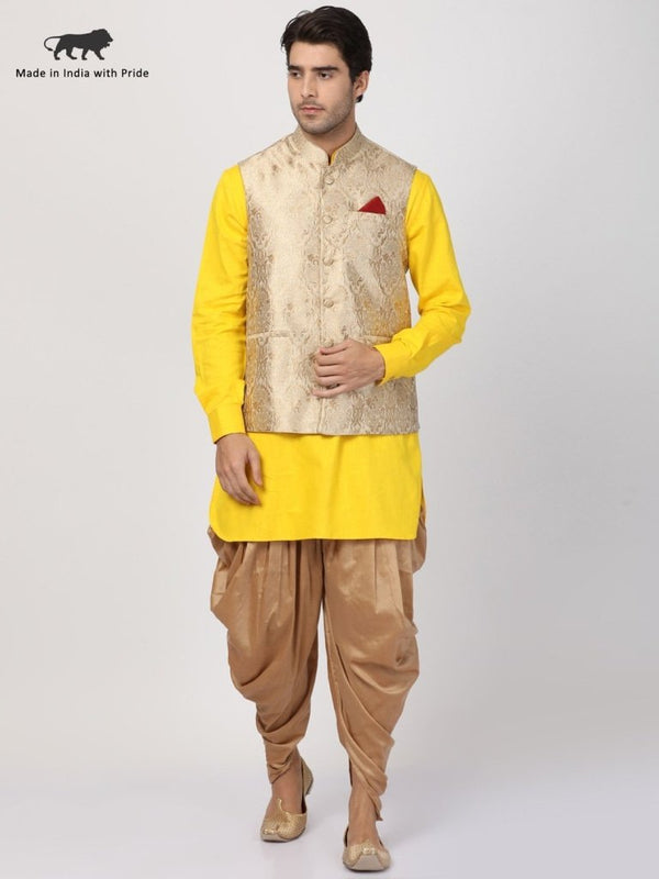 Men's Yellow Cotton Silk Blend Ethnic Jacket, Kurta and Dhoti Pant Set - Vastramay