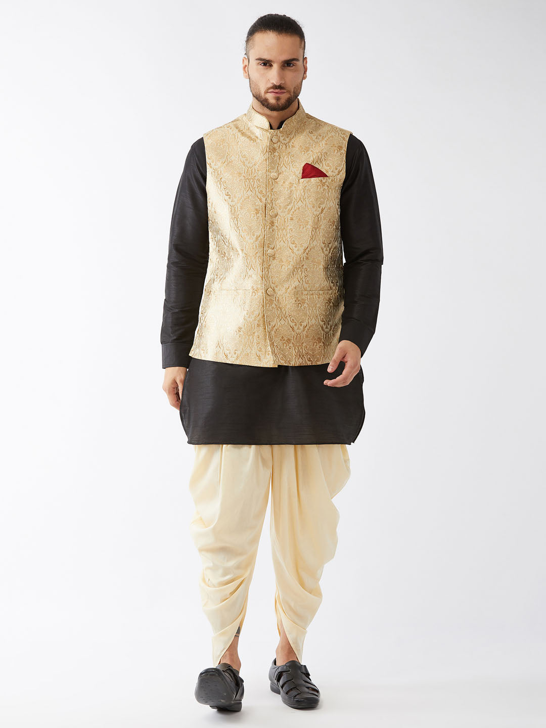 Men's Black, Rose Gold And Gold Silk Blend Jacket, Kurta And Dhoti Set - Vastramay