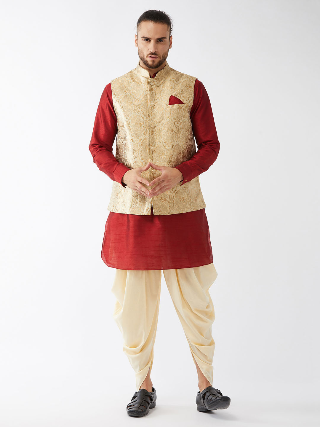 Men's Maroon, Rose Gold And Gold Silk Blend Jacket, Kurta And Dhoti Set - Vastramay