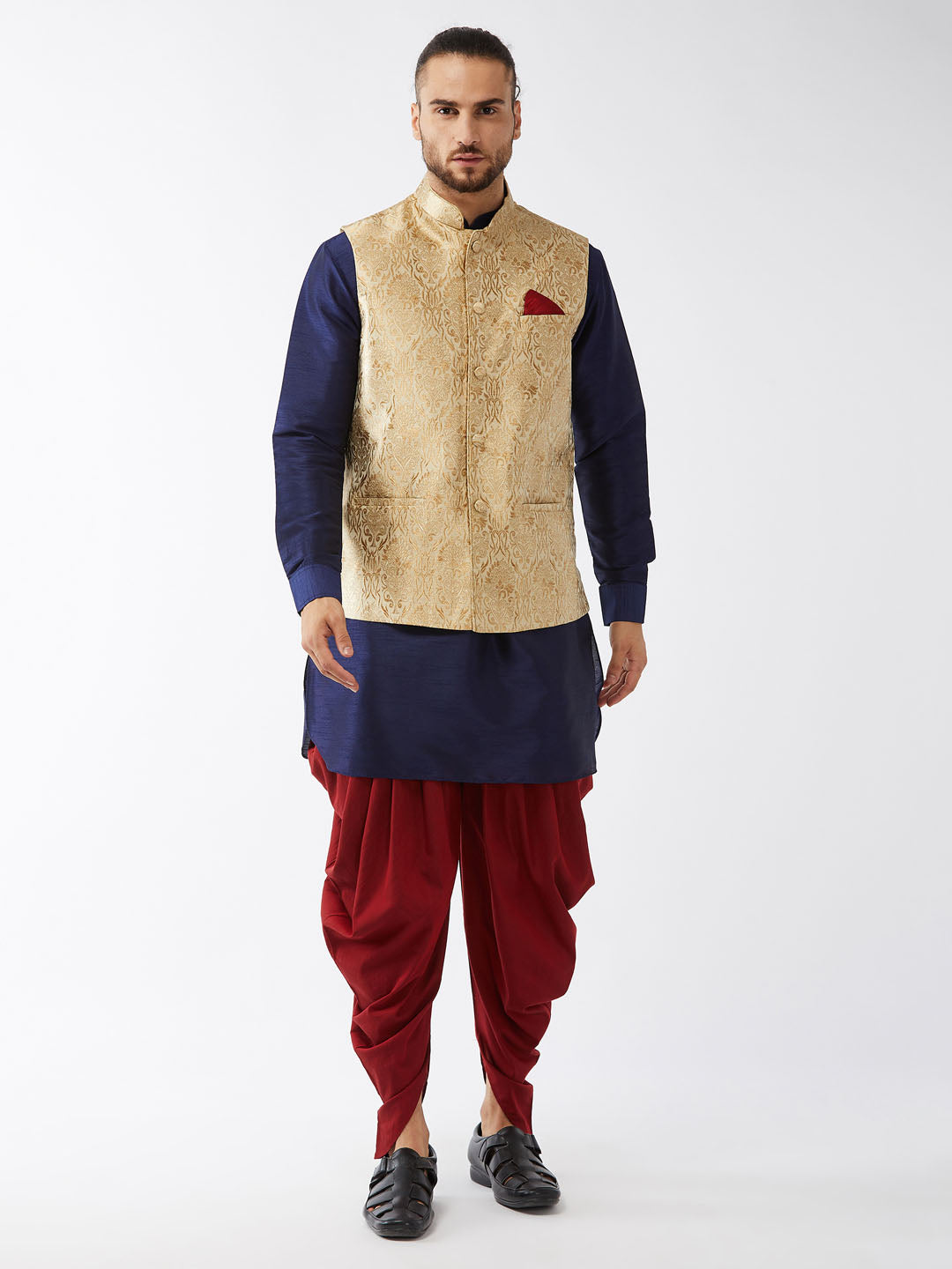 Men's Navy Blue, Rose Gold And Maroon Silk Blend Jacket, Kurta And Dhoti Set - Vastramay