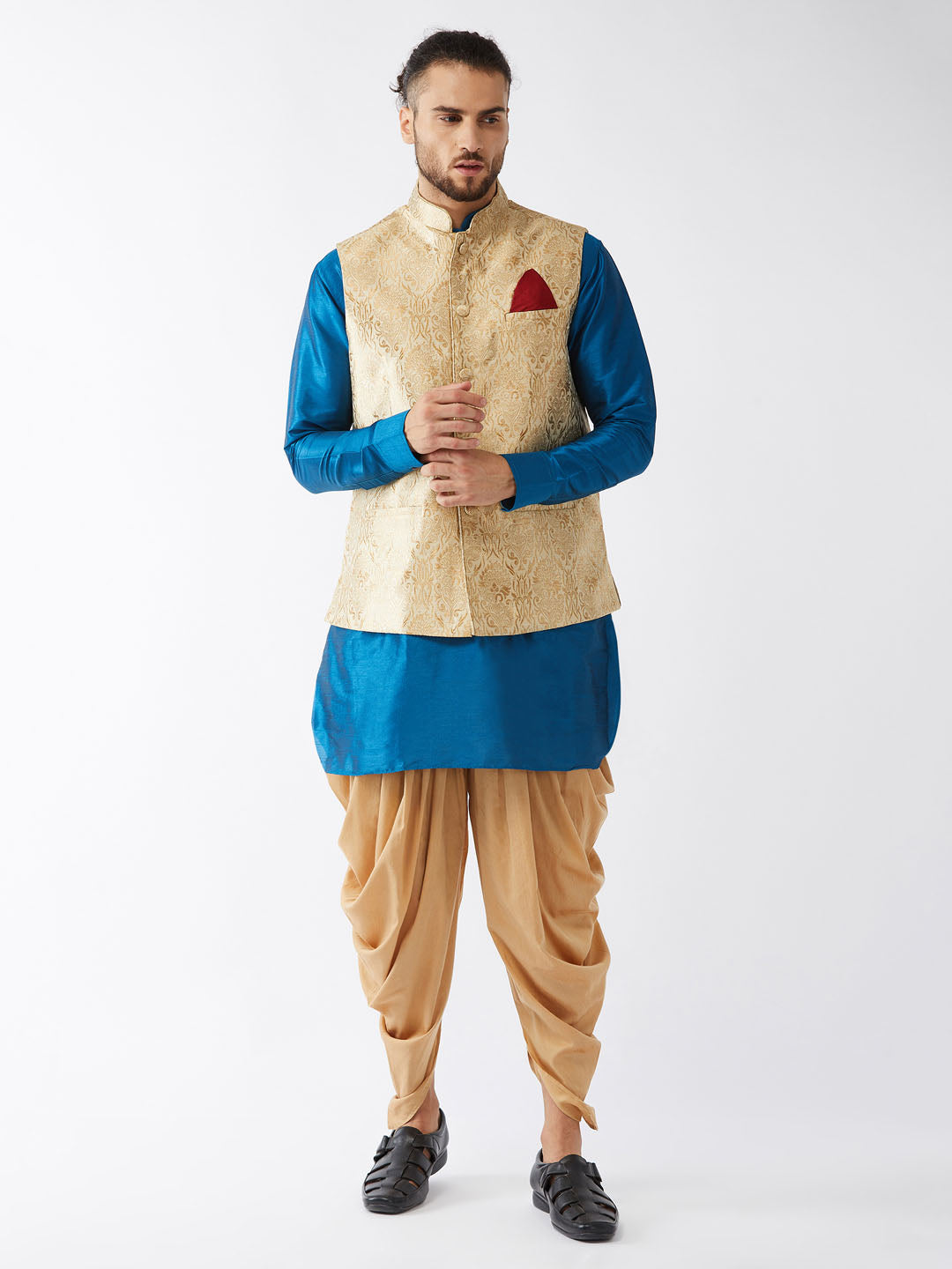 Men's Turquoise And Rose Gold Silk Blend Jacket, Kurta And Dhoti Set - Vastramay