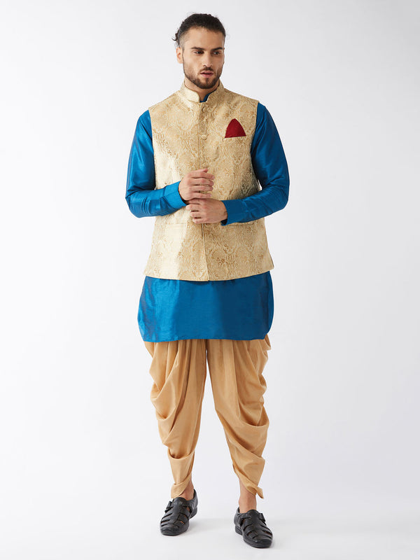 Jashvi Men's Rose Gold Jacquard Jacket With Kurta Dhoti Set